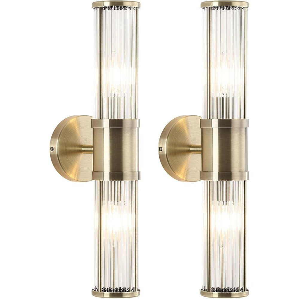 2 PK Modern Brushed Brass Vanity Light Fixture - Dual Glass Rods Wall Sconce